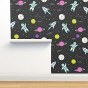 space print - dark grey with pink planet STEM 