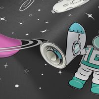 space print - dark grey with pink planet STEM 