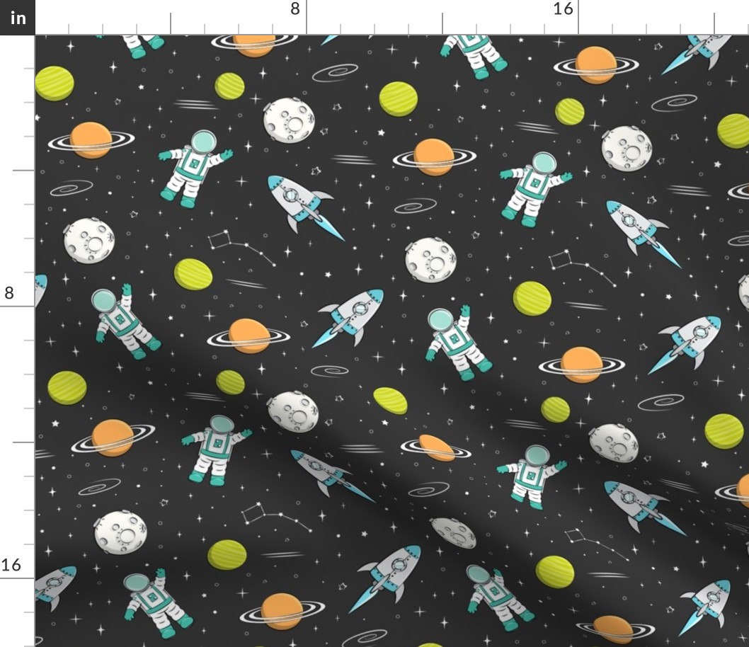 space print - dark grey (green planets)