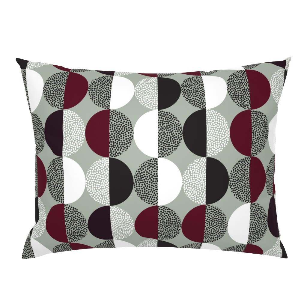 Abstract Circles in Black and White With Burgundy Geometric on Green