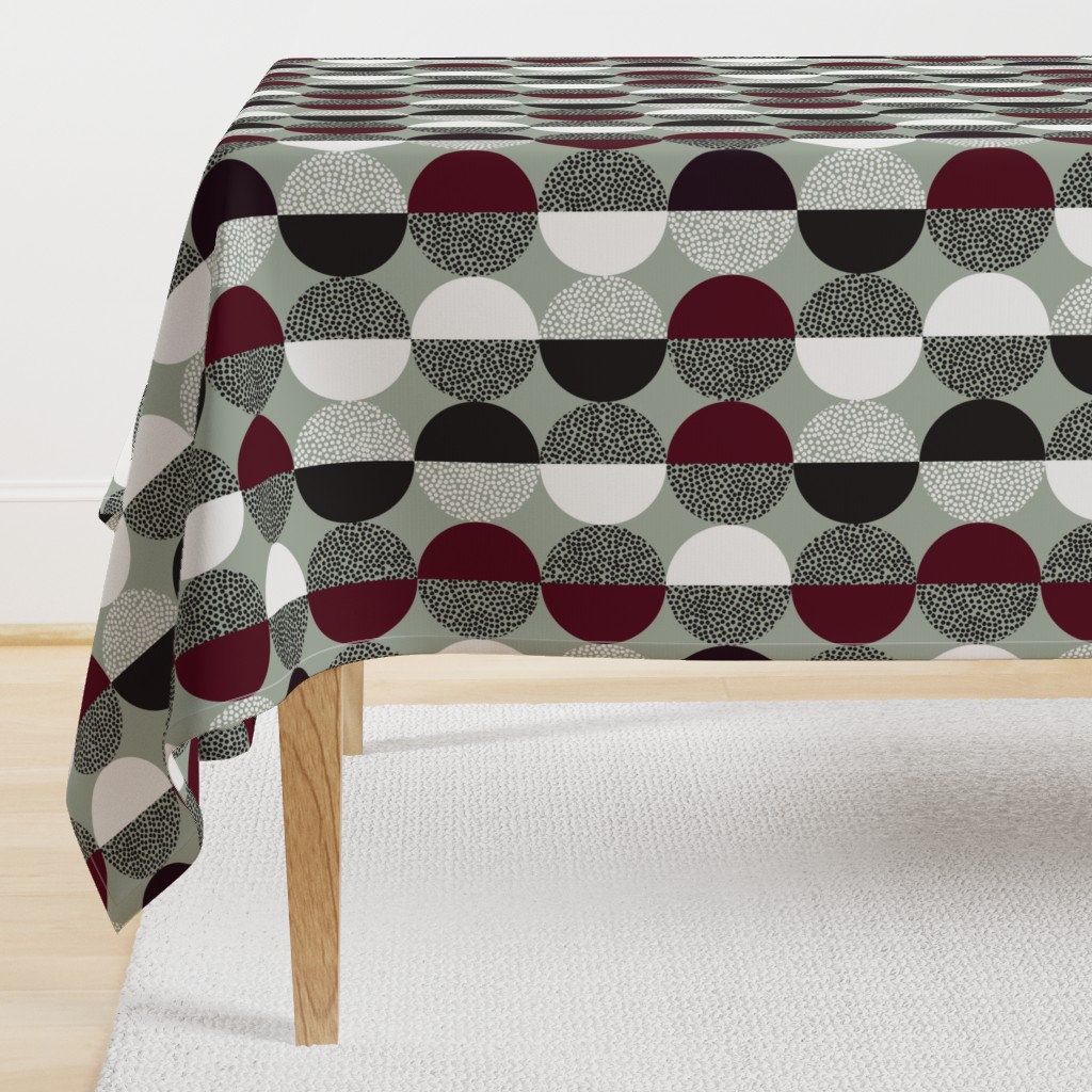 Abstract Circles in Black and White With Burgundy Geometric on Green