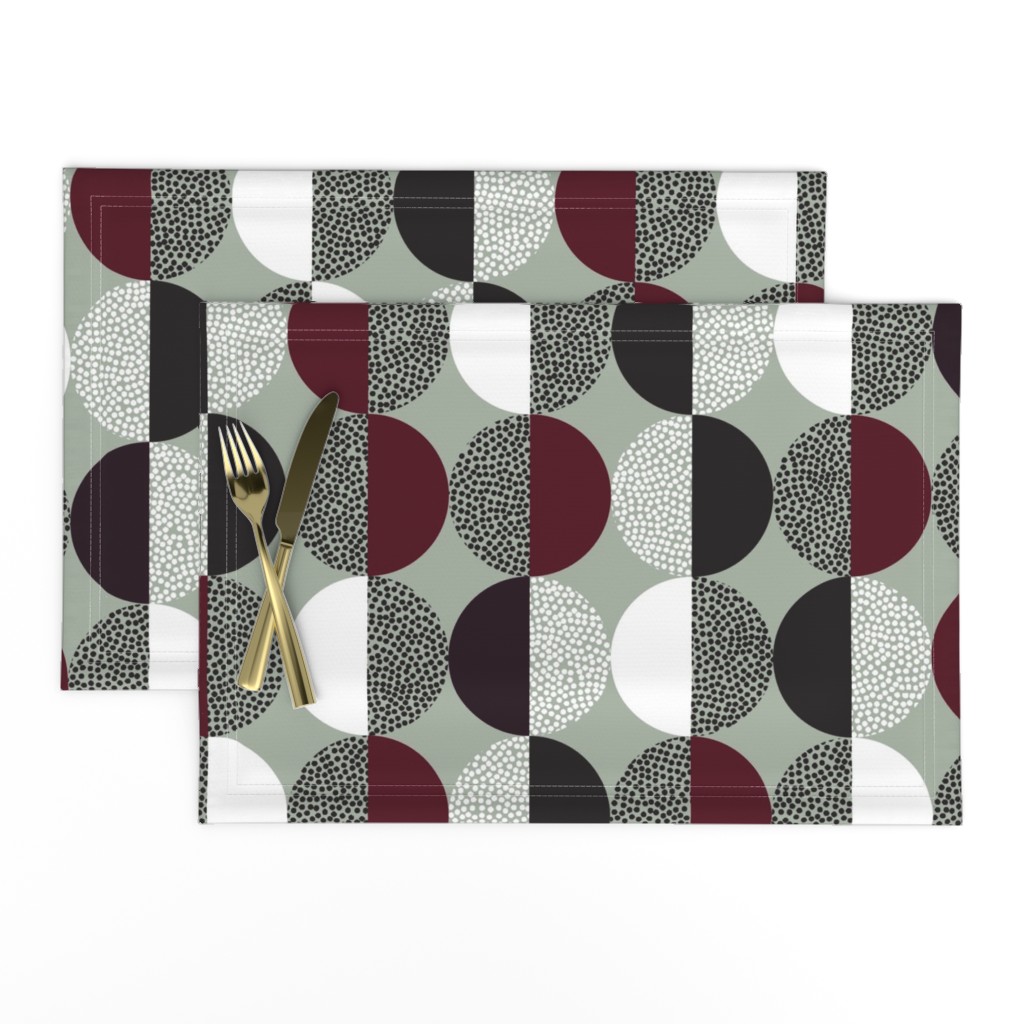 Abstract Circles in Black and White With Burgundy Geometric on Green