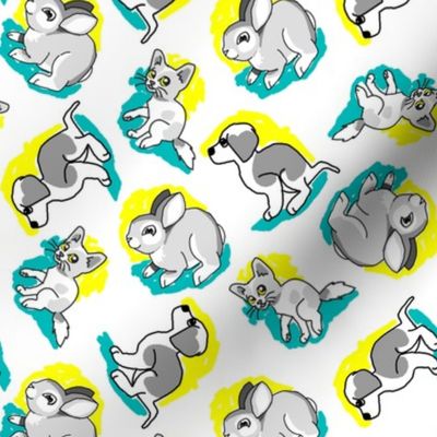 1950's Style Bunny  Kitten and Puppy in Yellow and Turquoise