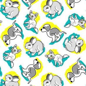 1950's Style Bunny  Kitten and Puppy in Yellow and Turquoise