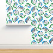 1950's Style Bunny Kitten and Puppy in Blue and Green
