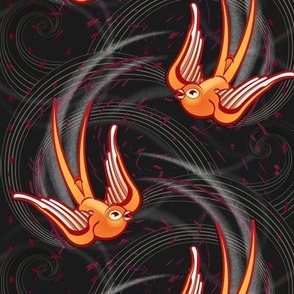 ★ SWALLOW IN THE WIND ★ Orange + Black, Large Scale / Collection : Swallows & Polka Dots – Rockabilly Prints