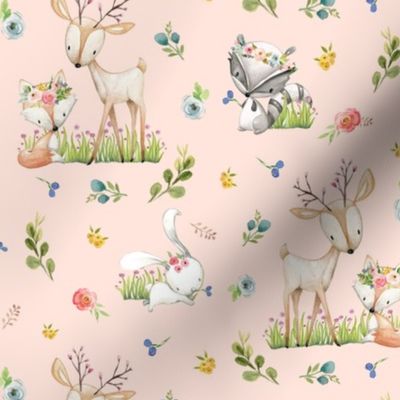 Woodland Friends (baby pink) Deer Fox Raccoon Flowers Baby Girl Nursery Blanket Sheets Bedding