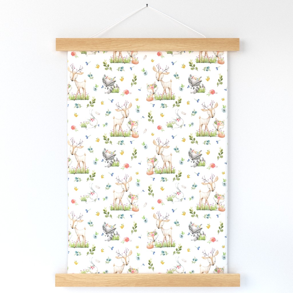 Woodland Friends - Deer Fox Raccoon Bunny Flowers Baby Girl Nursery Blanket Sheets Bedding