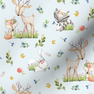 Woodland Friends (pale blue) - Deer Fox Raccoon Bunny Flowers Baby Girl Nursery Blanket Sheets Bedding