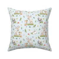 Woodland Friends (pale blue) - Deer Fox Raccoon Bunny Flowers Baby Girl Nursery Blanket Sheets Bedding