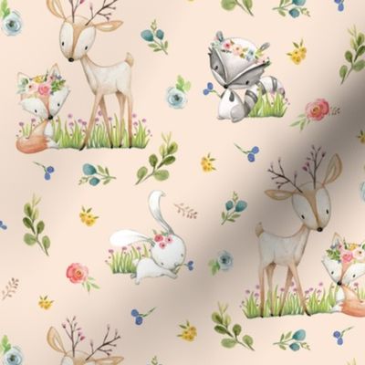 Woodland Friends (blush) Deer Fox Raccoon Flowers Baby Girl Nursery Blanket Sheets Bedding