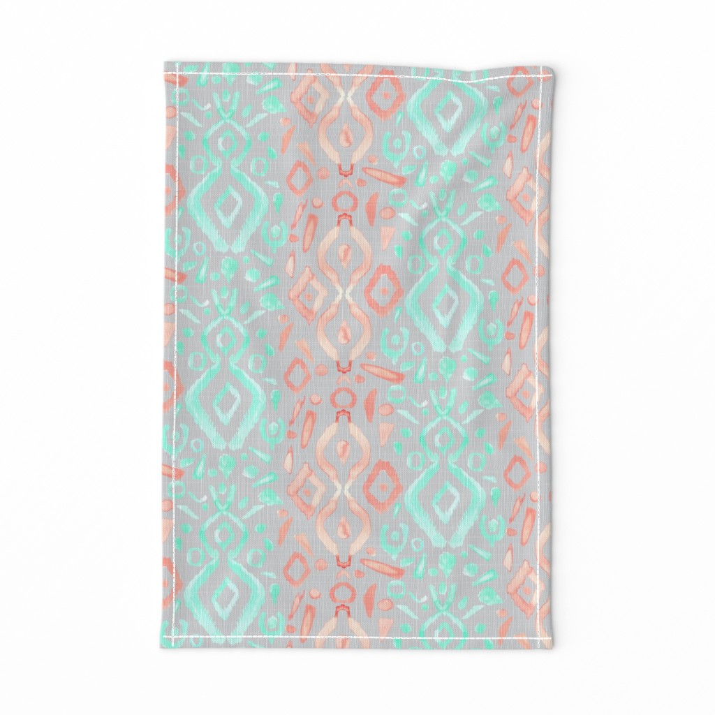 Coral Peach Blush  Mint Green Ikat Watercolor Abstract Grey Gray Linen Texture _ Miss Chiff Designs