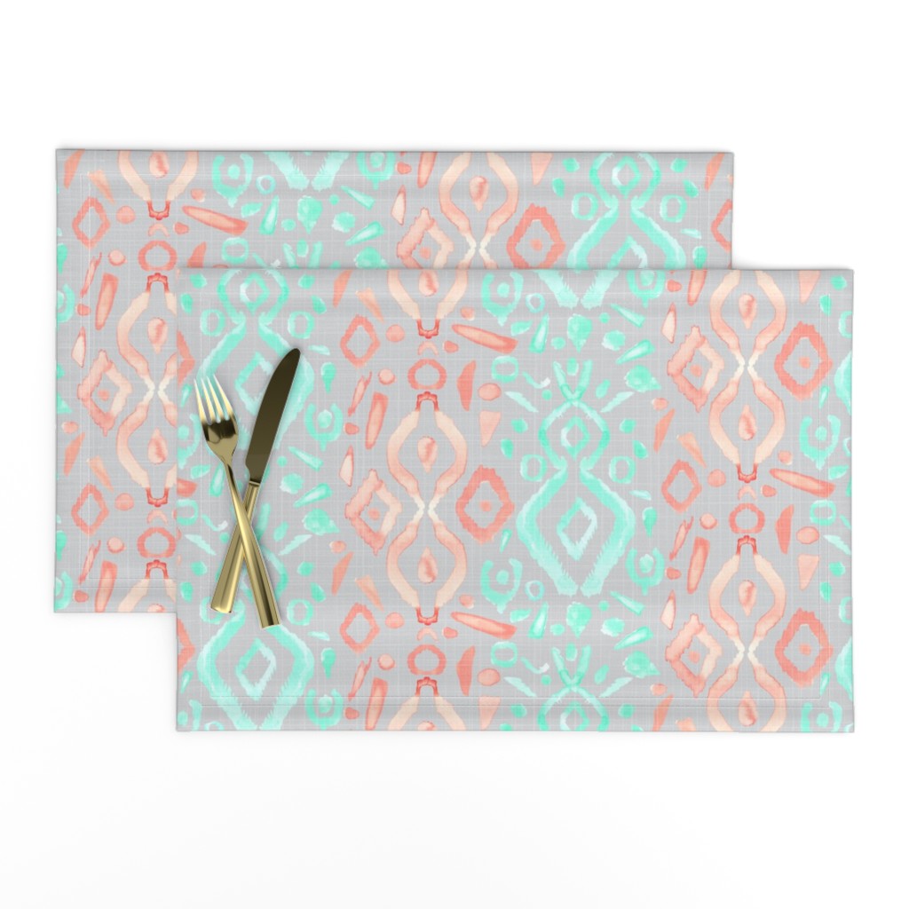 Coral Peach Blush  Mint Green Ikat Watercolor Abstract Grey Gray Linen Texture _ Miss Chiff Designs