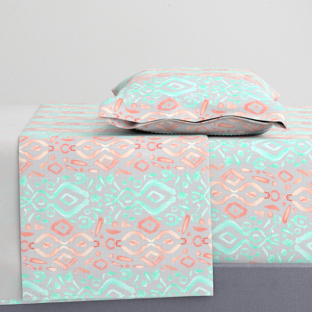 Coral Peach Blush  Mint Green Ikat Watercolor Abstract Grey Gray Linen Texture _ Miss Chiff Designs