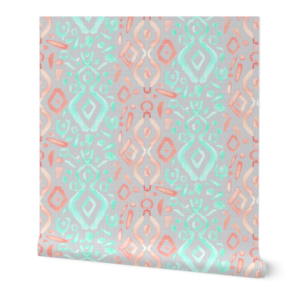 Coral Peach Blush  Mint Green Ikat Watercolor Abstract Grey Gray Linen Texture _ Miss Chiff Designs