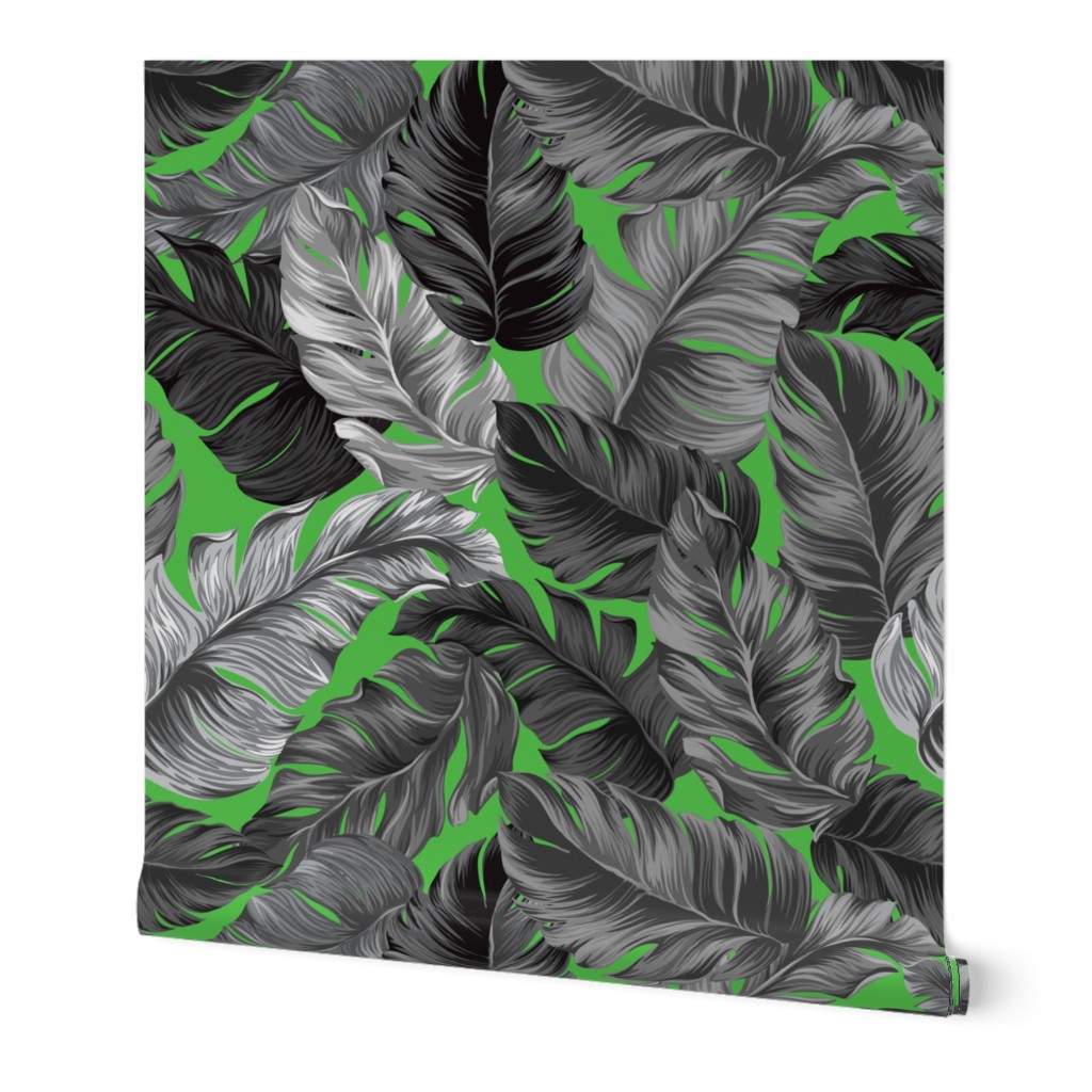 Tropical Leaves, Banana Leaves on Lime Green