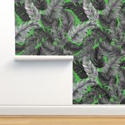 Tropical Leaves, Banana Leaves on Lime Green