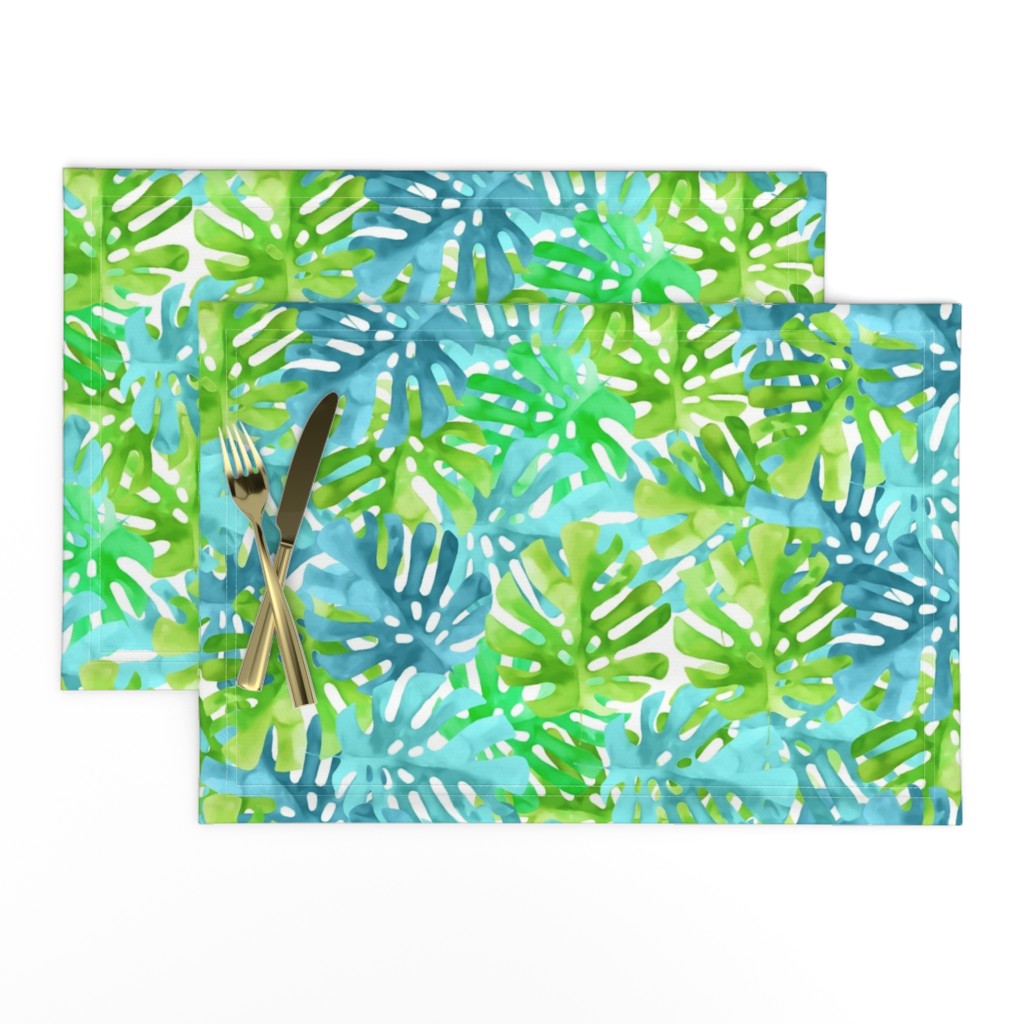 Watercolor blue green tropical leaves