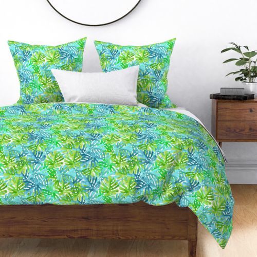 Watercolor blue green tropical leaves Fabric | Spoonflower