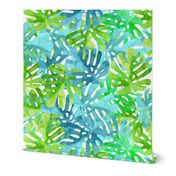 Watercolor blue green tropical leaves