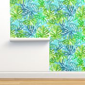 Watercolor blue green tropical leaves