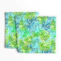 Watercolor blue green tropical leaves