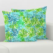 Watercolor blue green tropical leaves