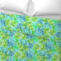 Watercolor blue green tropical leaves