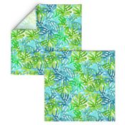 Watercolor blue green tropical leaves