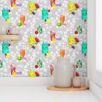 watercolor summer fruity drink coktails lemonade light grey white