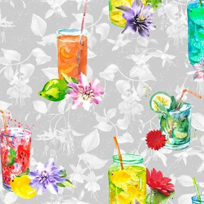 watercolor summer fruity drink coktails lemonade light grey white