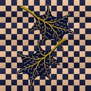 Leaves on wavy navy check by Su_G_©SuSchaefer
