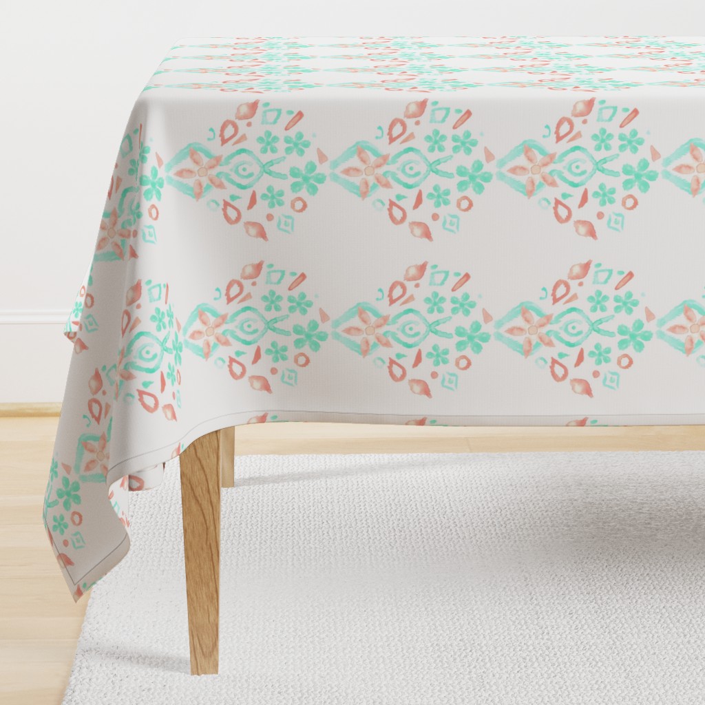 Coral Peach Blush  Mint Green Ikat Watercolor Abstract White Large Scale Jumbo Floral  _ Miss Chiff Designs