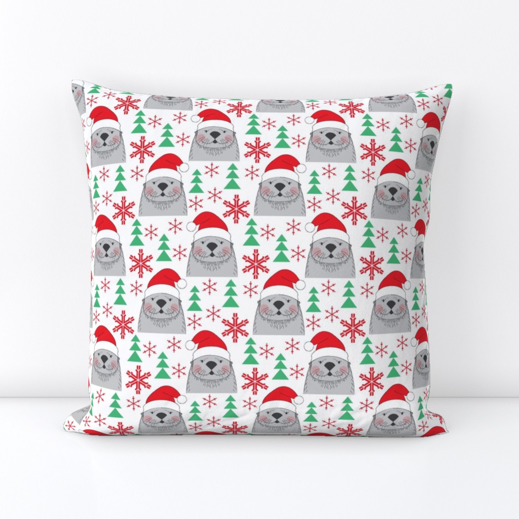 large santa otters with snowflakes and trees