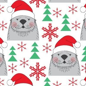 large santa otters with snowflakes and trees