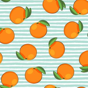 clementines on aqua stripes - oranges summer citrus fabric