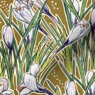 White Crocuses, Spring Flowers, Botanical Floral Pattern, Olive Khaki