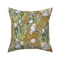 White Crocuses, Spring Flowers, Botanical Floral Pattern, Olive Khaki