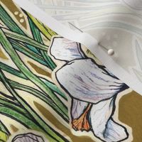 White Crocuses, Spring Flowers, Botanical Floral Pattern, Olive Khaki