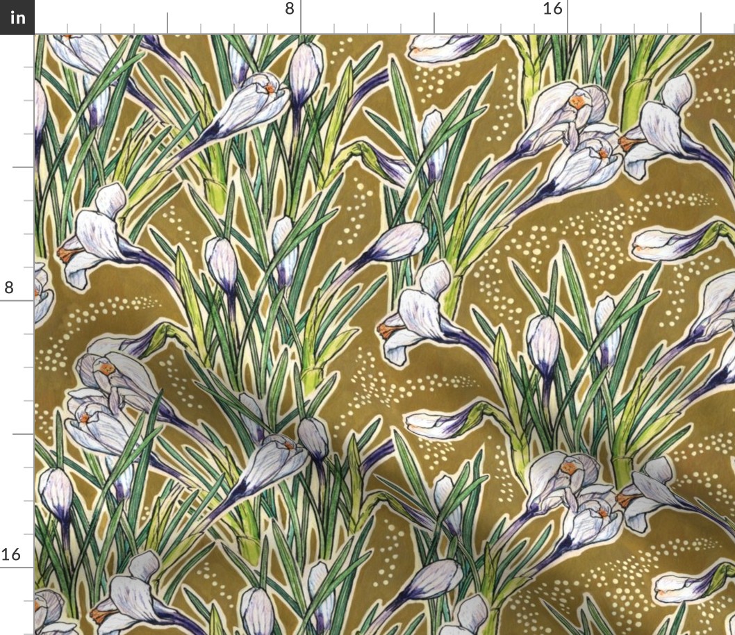 White Crocuses, Spring Flowers, Botanical Floral Pattern, Olive Khaki