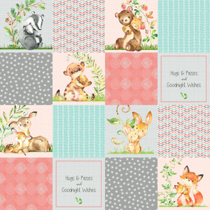 Hugs & Kisses Patchwork Quilt Panel - Baby Girl Animals Cheater Quilt- Coral, Steel Grey, Mint
