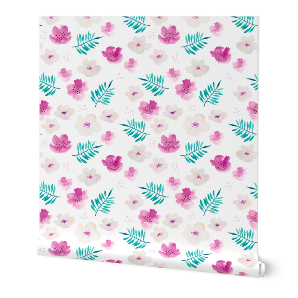 Botanical garden watercolors summer palm leaves and cherry flowers blossom teal pink dots XL Jumbo