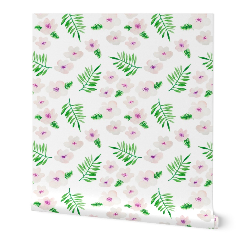 Botanical garden watercolors summer palm leaves and cherry flower blossom green pink XL Jumbo