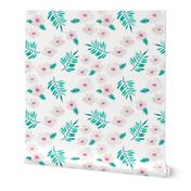 Botanical garden watercolors summer palm leaves and cherry flower blossom teal pink XL Jumbo