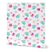 Botanical garden watercolors summer palm leaves and cherry flowers blossom teal pink dots xs