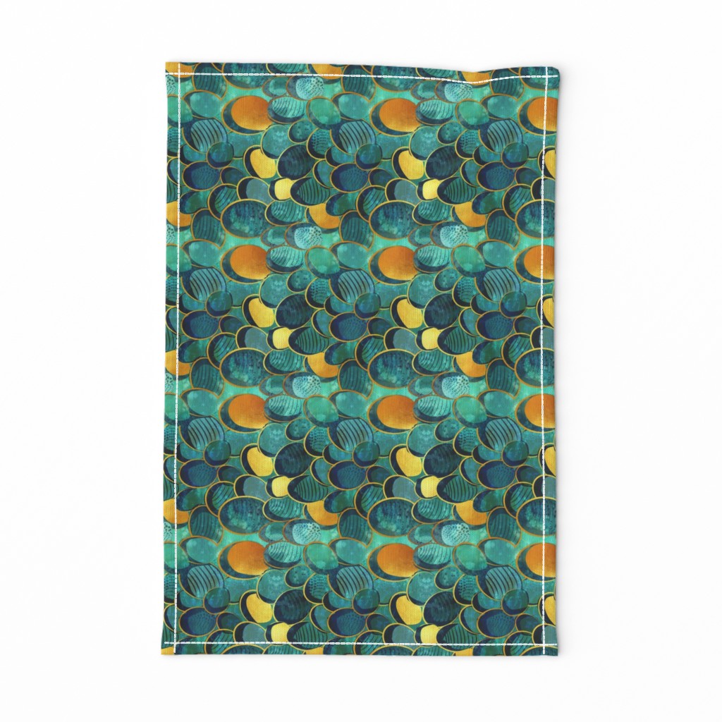 Small scale // Abstract deep teal // watercolor teal variations golden lines