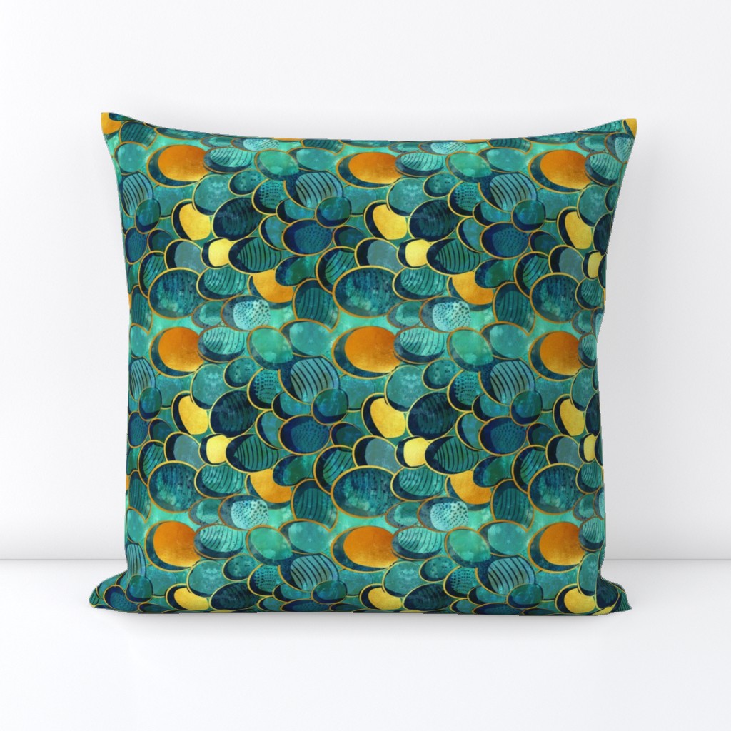 Small scale // Abstract deep teal // watercolor teal variations golden lines