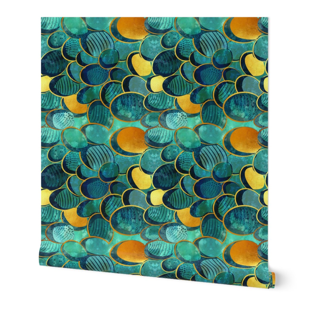 Normal scale // Abstract deep teal // watercolor teal variations golden lines