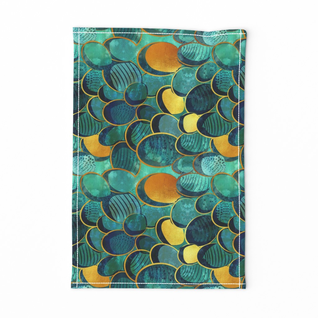 Normal scale // Abstract deep teal // watercolor teal variations golden lines