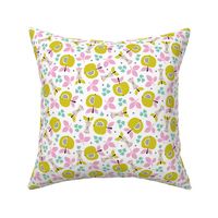 Sweet apple garden and botanical leaves and black berries autumn print pink yellow